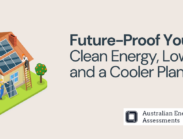 A promotional banner for a free community event titled 'Future-Proof Your Home: Clean Energy, Lower Bills, and a Cooler Planet.' The left side features a digital illustration of a house integrated into a lightbulb, symbolizing energy efficiency and sustainability. The house is surrounded by greenery, solar panels, wind turbines, and glowing lightbulbs, with a hand adjusting the rooftop, representing upgrades and improvements. On the right side, the event details are displayed in a clean, modern font, stating that the event is hosted by the Port Phillip EcoCentre, with a presentation by Australian Energy Assessments. It takes place on Monday, March 31st, 2025, from 6:30 to 8:00 pm at the Port Phillip EcoCentre, with refreshments provided. A website link is included for more details and registration.